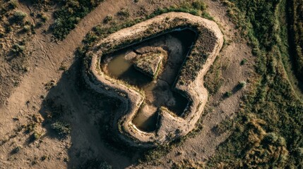 Aerial view of natural rock formation shaped like the number four amidst vegetation