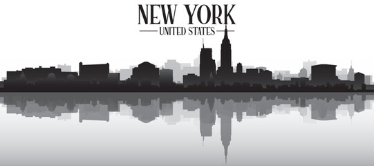Black and white panoramic poster of the city skyline with misty background buildings and water reflection of NEW YORK, UNITED STATES