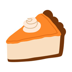 Pumpkin pie slice with whipped cream. Cozy autumn dessert illustration for bakery menus, thanksgiving branding, packaging, and seasonal promotions. Hand drawn vector illustration.