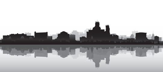Obraz premium Black and white panoramic poster of the city skyline with misty background buildings and water reflection of MADRID, SPAIN