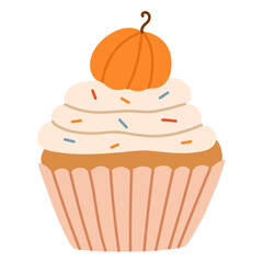 Pumpkin cupcake with cream frosting decoration. Cozy autumn bakery illustration for fall dessert menus, packaging, branding, and seasonal promotions. Hand drawn vector illustration.
