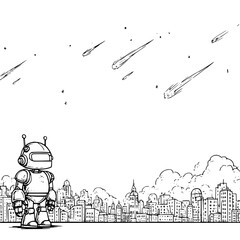 Robot Watching Meteors Fall over Cityscape © Mudasser