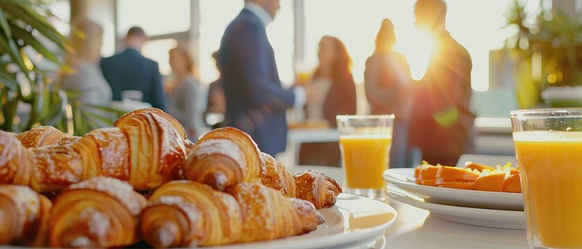 Fresh Croissants and Orange Juice on Catering Table during Corporate Business Breakfast with Blurred Colleagues Networking in Sunlight