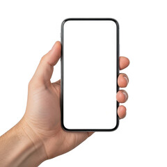 A hand holding a smartphone with a blank screen, ready for use. isolated on transparent background