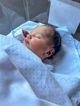 Sleeping Newborn Baby In Hospital Crib Wrapped In Blanket