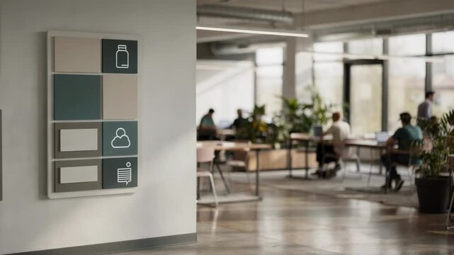 Coworking hub entrance in medium focus with a multipanel information board emphasizing visitor guidelines background activity and seating areas out of focus.