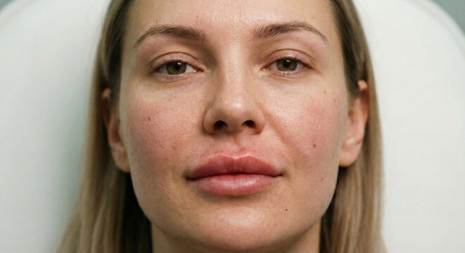 Frontal portrait of woman's face showing red swelling and needle marks on lips and cheeks after dermal filler injections.