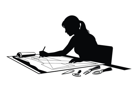 Woman architect sketching blueprints with drafting tools