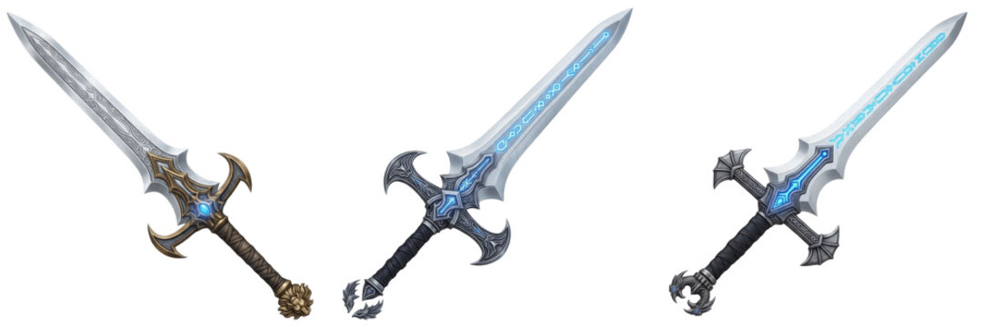 Fantasy game sword weapon isolated on white background no shadow, RPG melee blade steel longsword katana 日本刀 medieval knight weapon icon, 3D render gaming asset PNG clipart transparent style