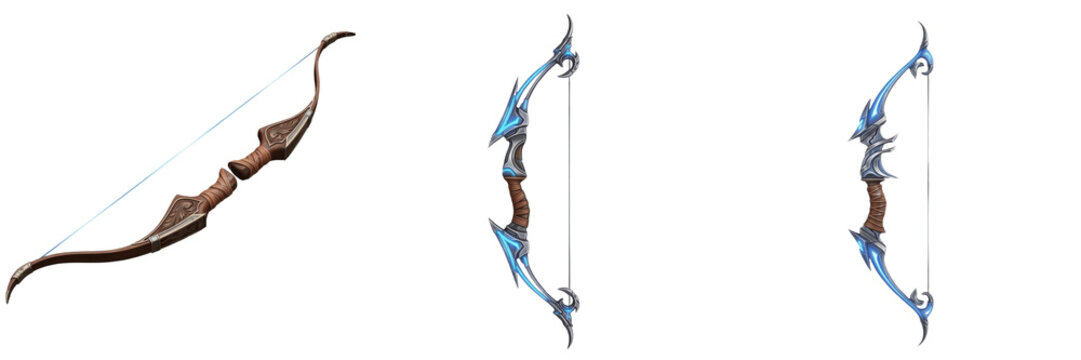 Fantasy game bow weapon isolated on white background no shadow, RPG archer longbow compound bow arco 弓 medieval ranged weapon 3D render gaming asset PNG clipart transparent style