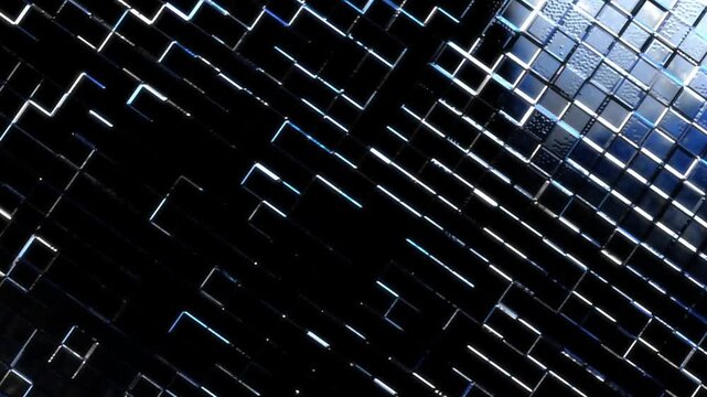 Close up of dark metallic grid with illuminated linear accents creating a futuristic circuit board and data network inspired background