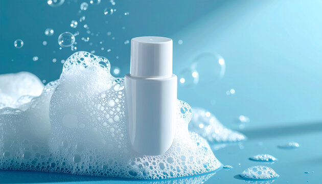 White cosmetic bottle with foam on blue background, skincare and body care concept, airy foam bubbles.