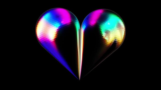 Symmetrical glossy heart figure with iridescent rainbow reflections and soft pixel light texture centered on a black background creating a bold modern romantic concept