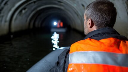 Fototapeta premium Male explorer navigating dark tunnel in inflatable boat wearing safety vest