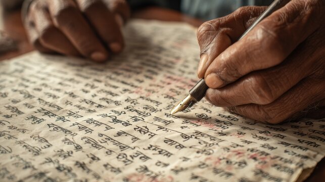 Elderly male writing in hindi script with fountain pen on aged paper