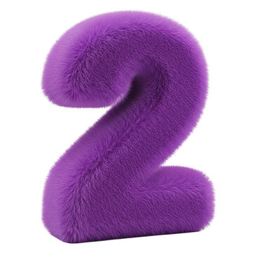 A vibrant and plush purple number two standing upright with a fuzzy texture isolated on transparent background