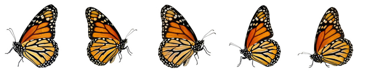 Collection of six monarch butterflies in elegant flight poses with vibrant orange and black wings, isolated on white background free stock image ./, © riaz