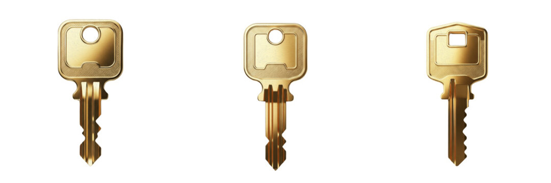Fantasy game golden key isolated on white background no shadow, RPG treasure key llave dorada 金钥匙 unlock item dungeon access 3D render gaming asset PNG clipart transparent