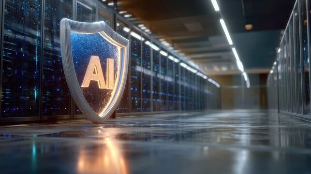 AI shield icon glowing in secure server room protecting data and infrastructure with cinematic lighting and reflective floor