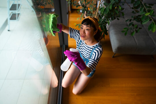Woman cleaning home window using spray bottle
