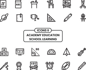 Fototapeta premium Academy Education School Learning Icon Set in 2D Flat Design Style, Modern Collection of Academic Symbols and Study Elements for E Learning, Classroom, Online Courses and Educational Projects