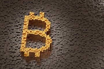 Bitcoin symbol formed with golden cubes with copy space. 3d illustration.