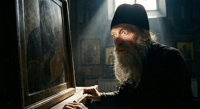 Elderly orthodox priest with long white beard gazes at ancient icon painting in church, black klobuk cassock window light spiritual devotion concept.