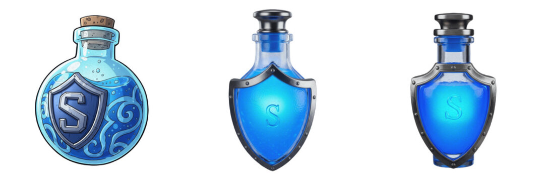 Fantasy game shield potion isolated on white background no shadow, RPG defensive elixir poci&oacute;n de escudo 护盾药水 protective buff item 3D render gaming asset PNG clipart transparent