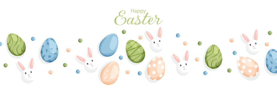 Easter banner. Horizontal template with Easter eggs and cute bunnies. Editable template for messages, sales, social media posts, and more.