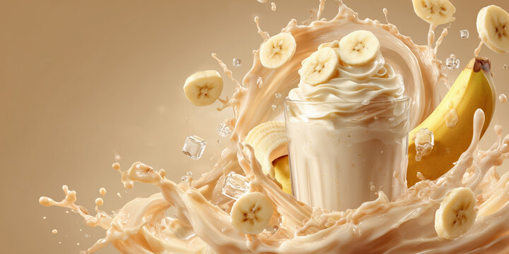 Refreshing banana milkshake with whipped cream and juicy slices captured in a dynamic creamy splas