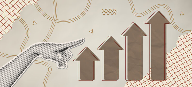 Halftone collage featuring vintage pointing hand and rising arrows symbolizing business growth financial success progress and upward trend in modern abstract design