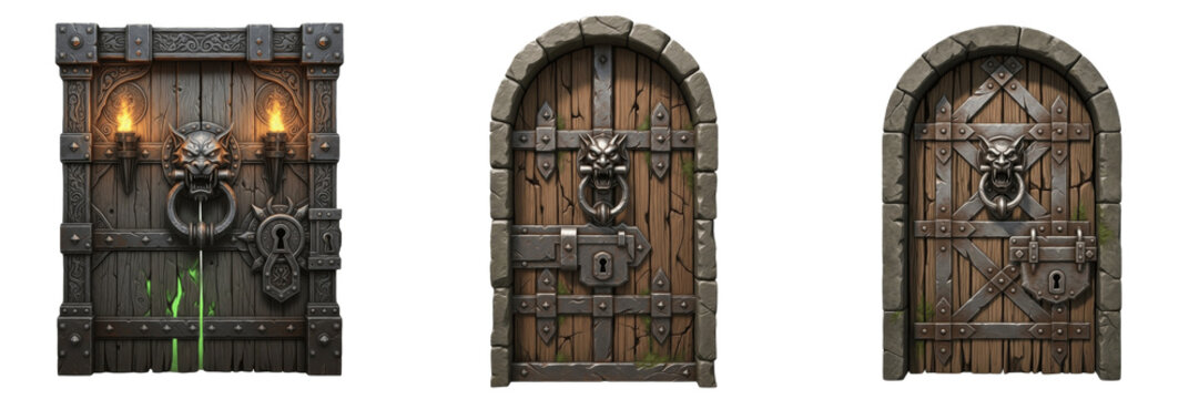 Game dungeon door isolated on white background no shadow, RPG castle door puerta de mazmorra 地牢门 entrance gate fantasy door 3D render gaming asset PNG clipart transparent