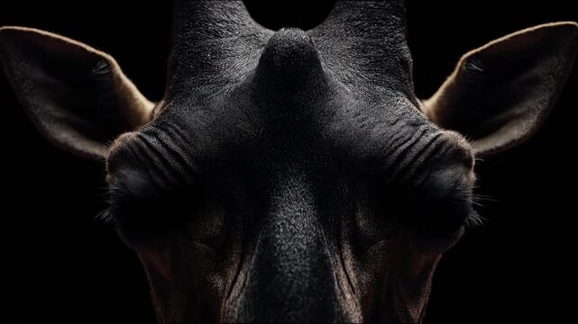 Close-up of a creature's face, with glowing orange eyes in the darkness. Creepy and detailed