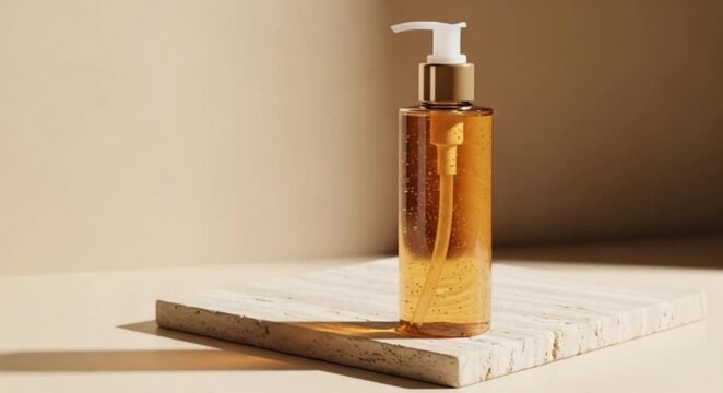 Premium amber gel cleanser bottle standing on travertine stone slab with warm spa lighting and elegant shadows delivering luxury skincare presentation perfect for high-end cosmetic visuals and 360