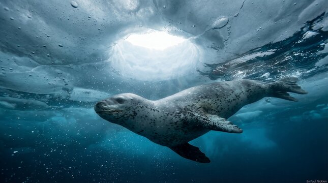 Leopard Seal Gliding Beneath an Ice Window