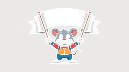 Fototapeta premium Cheerful cartoon rat mascot holds ski poles with banner