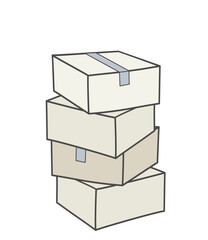 Uneven stack of four cardboard boxes sealed with tape.