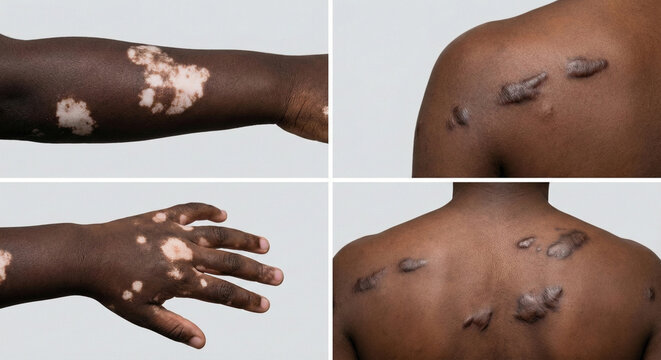 Close-up views of dark skin featuring vitiligo depigmentation patches and raised keloid scars on arm and back.