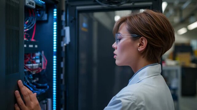 Blinking LED alerting tech in lab coat adjusting server rack cables and modules restoring network