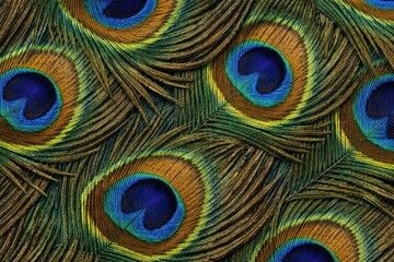 Obraz premium Peacock Feather Texture Seamless Pattern. Close-up peacock plumage detail. Exotic bird feather surface design. Realistic peacock feather texture background. Detailed vibrant feather macro close-up. Co