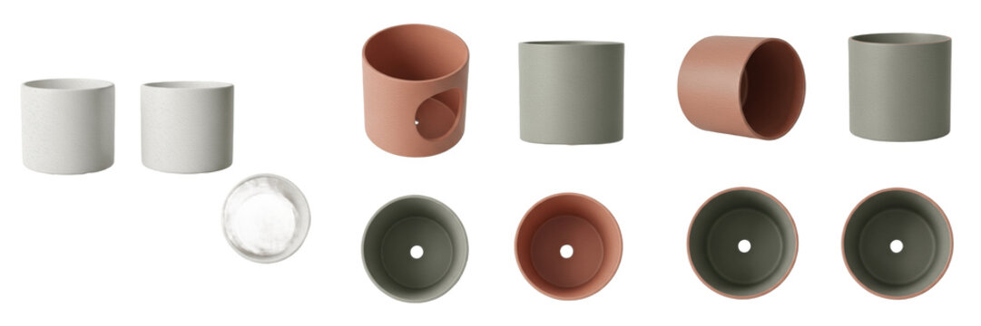 Set and collection of ceramic flower pots in various colors and angles with drainage holes isolated on white transparent png background