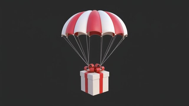 Red and White Striped Parachute Delivering a Wrapped Gift Box with a Red Bow present delivery