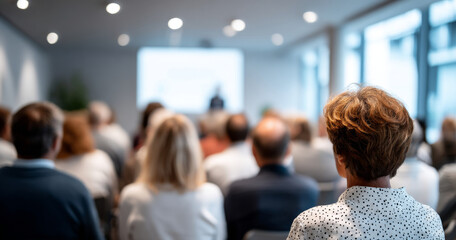 Obraz premium Audience attending a business seminar or conference in a modern meeting room with a speaker presenting at the front