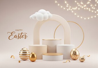Easter four podiums with golden eggs on light background.