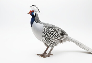 Silver pheasant, long silver tail, noble stance, white background