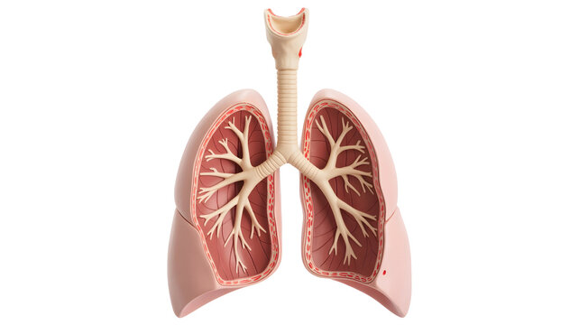 Anatomical model of human lungs and trachea, showing the respiratory system structure in detail.