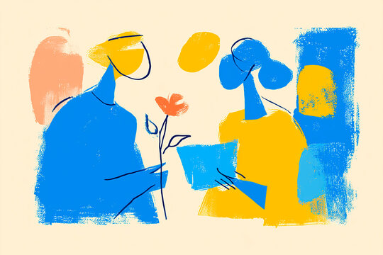 Blue figure giving flower to yellow figure with book