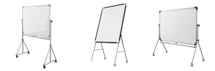 Set and collection of blank whiteboards on stands with wheels mockup for office presentations isolated on white transparent png background © miniworld