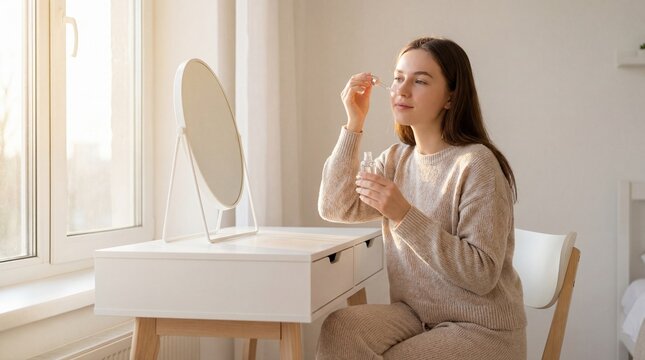 young caucasian woman applying facial serum with dropper sitting at vanity table. morning skincare routine near window. beauty, cosmetic product application. banner, website header.