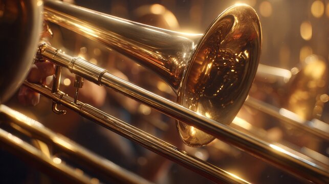 Close-up of golden trombone in warm light during jazz performance